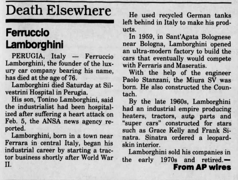 Artículo sobre la muerte de Ferruccio Lombarghini en 1993