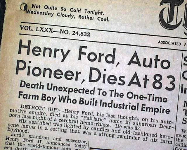 Artículo sobre la muerte de Henry Ford 1947