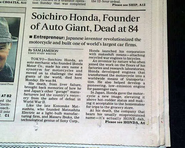 Primera cobertura del reportaje sobre la muerte de Soichiro Honda - Los Angeles Times 1991
